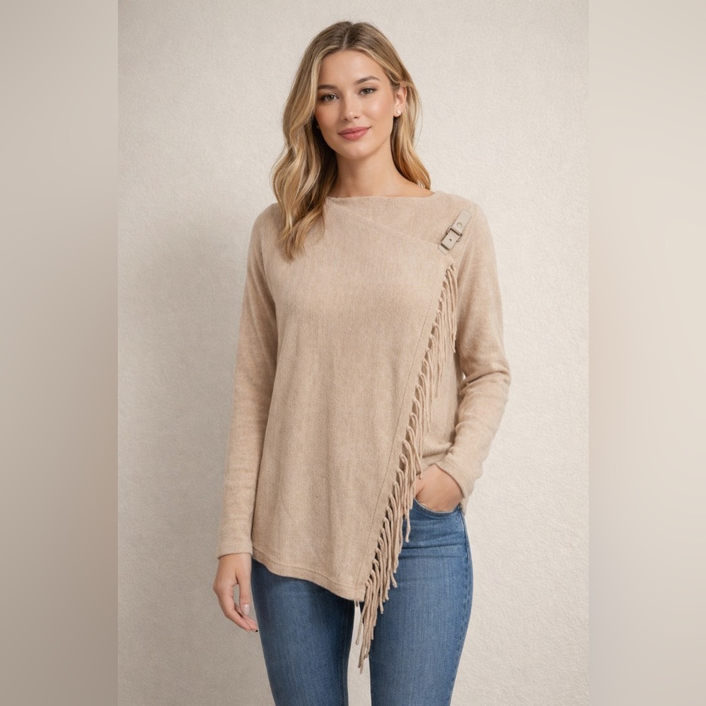 Adrienne Vittadini Beige Fringe Asymmetrical Buckle Sweater | Chic Neutral Knit